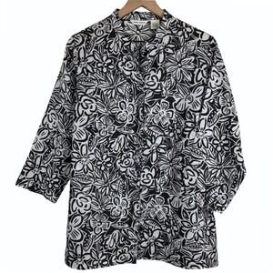 LAURA ASHLEY 100% Linen Embroidered Tunic Shirt Sz L Black White Floral 3/4 Slv